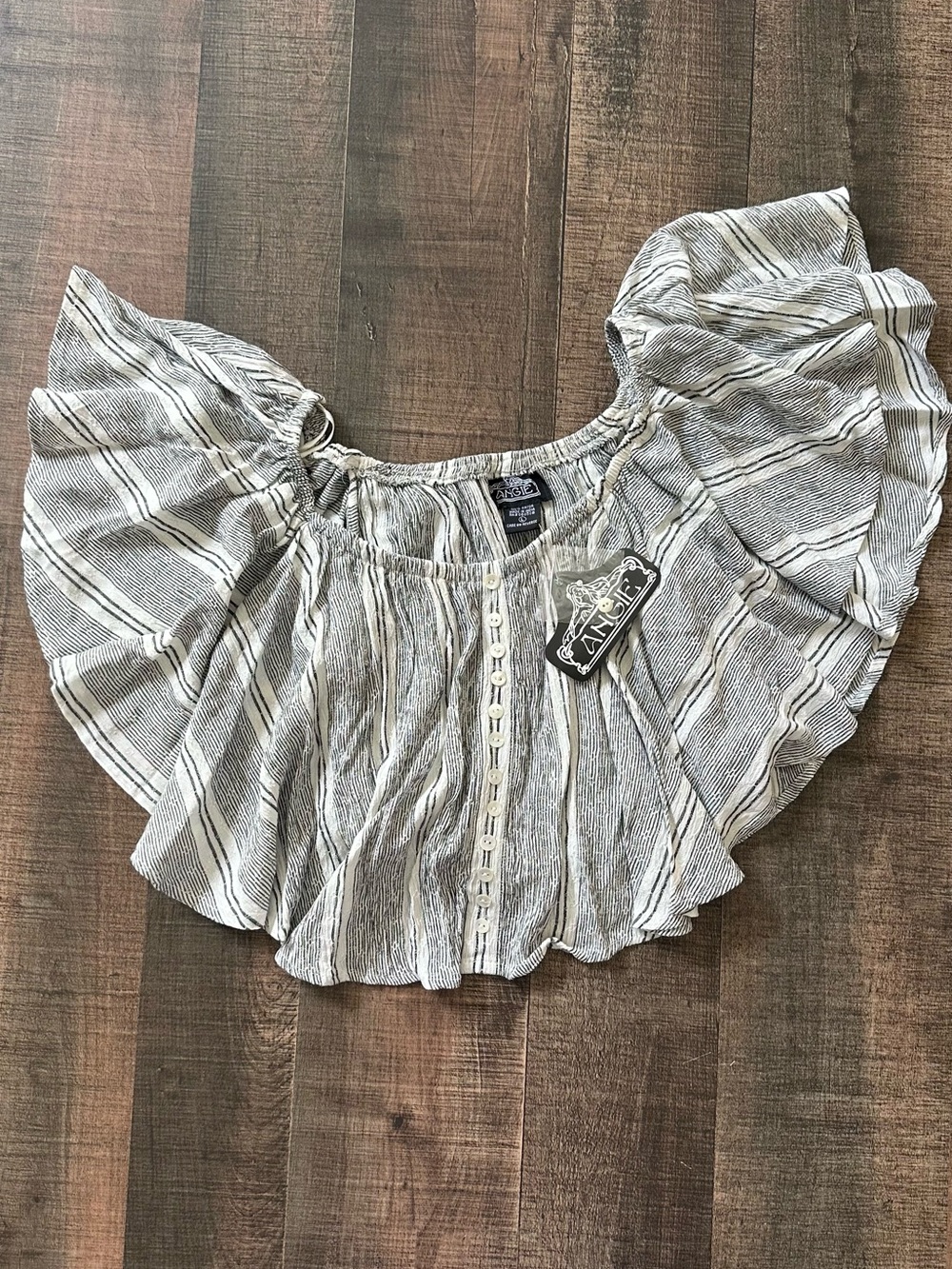Angie Black & White Striped Off-Shoulder Flutter Top